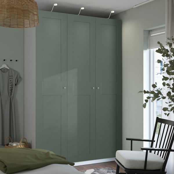 PAX / GRIMO wardrobe combination, white/grey-green, 150x60x236 cm
