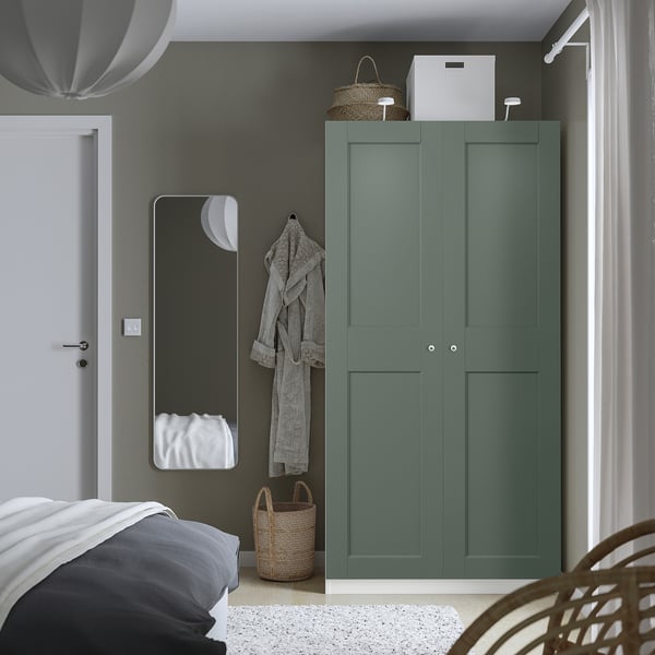 PAX / GRIMO wardrobe combination, white/grey-green, 100x60x201 cm