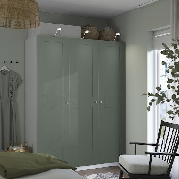 PAX / GRIMO wardrobe combination, white/grey-green, 150x60x201 cm