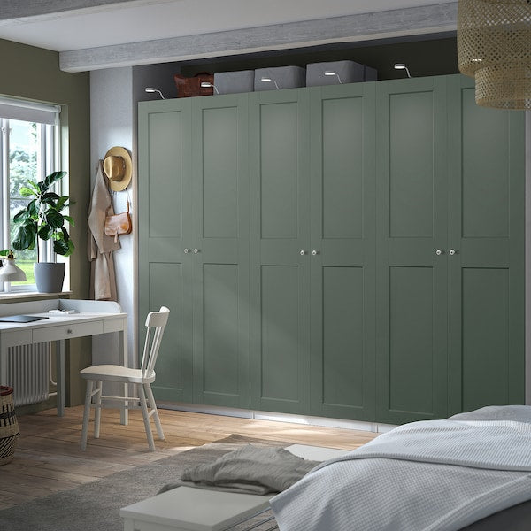 PAX / GRIMO wardrobe combination, white/grey-green, 300x60x236 cm