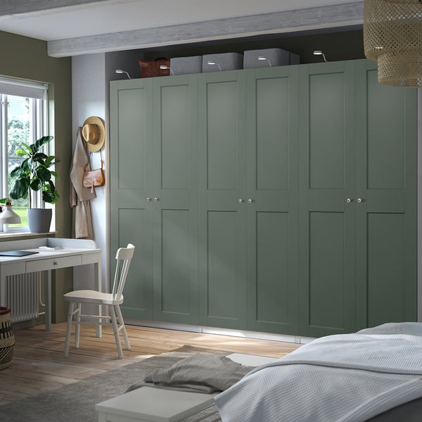 PAX / GRIMO wardrobe combination, white/grey-green, 300x60x236 cm