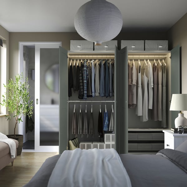 PAX / GRIMO wardrobe combination, white/grey-green, 200x60x201 cm