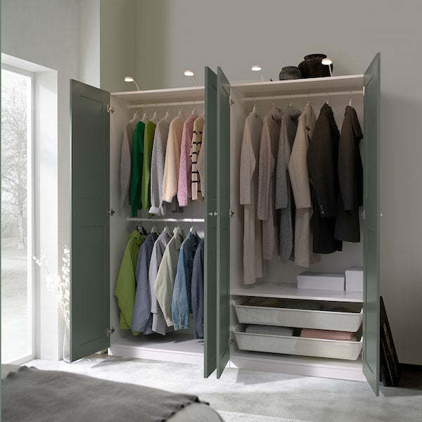 PAX / GRIMO wardrobe combination, white/grey-green, 200x60x201 cm