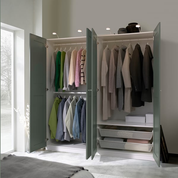 PAX / GRIMO wardrobe combination, white/grey-green, 200x60x201 cm