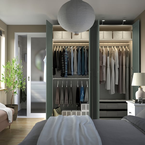 PAX / GRIMO wardrobe combination, white/grey-green, 200x60x236 cm