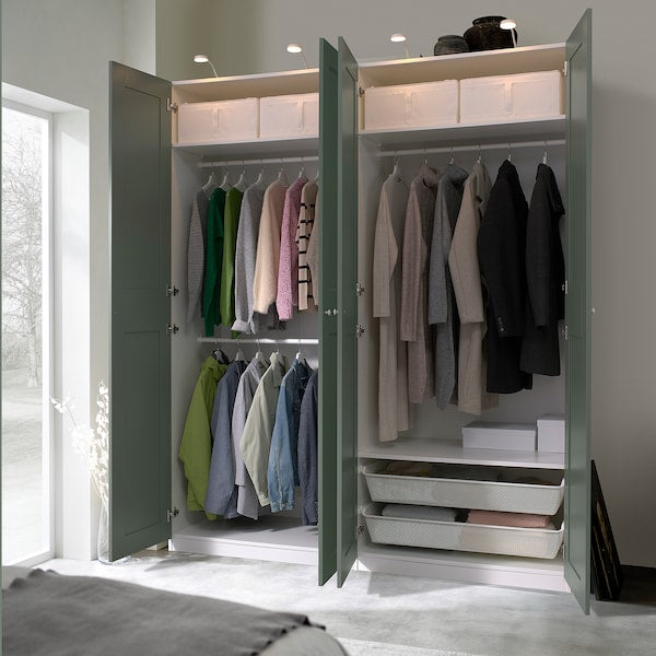 PAX / GRIMO wardrobe combination, white/grey-green, 200x60x236 cm
