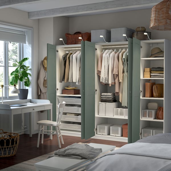 PAX / GRIMO wardrobe combination, white/grey-green, 250x60x201 cm