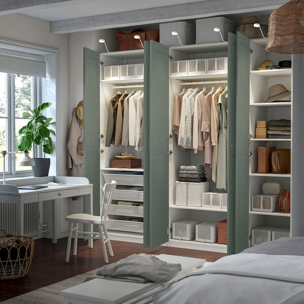 PAX / GRIMO wardrobe combination, white/grey-green, 250x60x236 cm