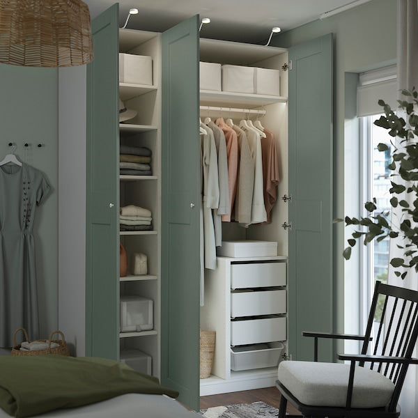 PAX / GRIMO wardrobe combination, white/grey-green, 150x60x236 cm