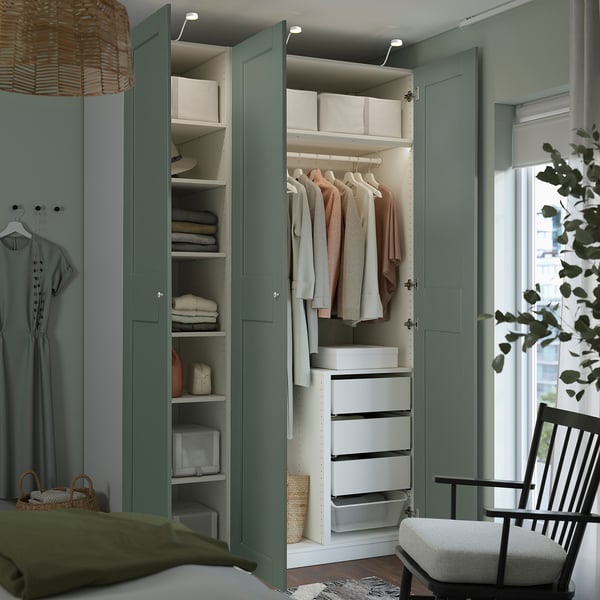 PAX / GRIMO wardrobe combination, white/grey-green, 150x60x236 cm