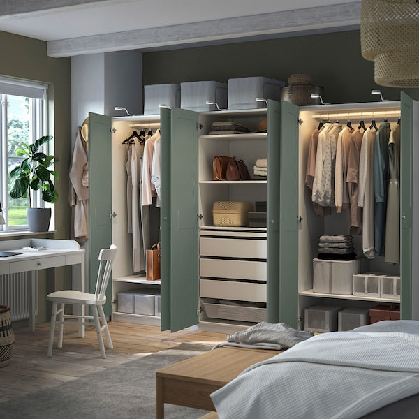 PAX / GRIMO wardrobe combination, white/grey-green, 300x60x201 cm
