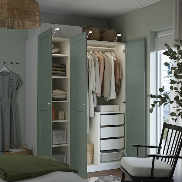 PAX / GRIMO wardrobe combination, white/grey-green, 150x60x201 cm