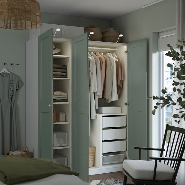 PAX / GRIMO - Wardrobe combination, white/grey-green,150x60x201 cm