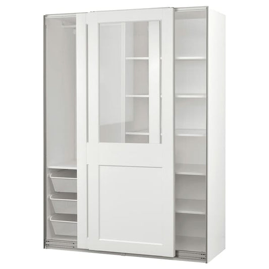 Ikea PAX / GRIMO - Wardrobe combination, white/transparent glass white,150x66x201 cm