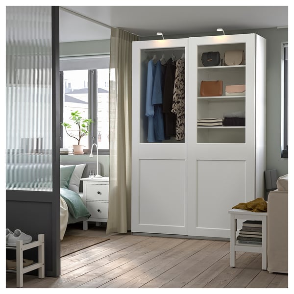 PAX / GRIMO - Wardrobe combination, white/transparent glass white,150x66x236 cm