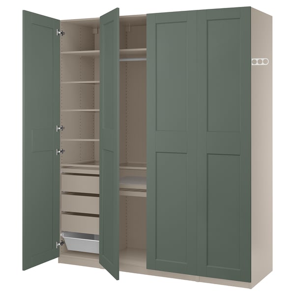 PAX / GRIMO wardrobe combination, grey-beige/grey-green, 200x60x236 cm