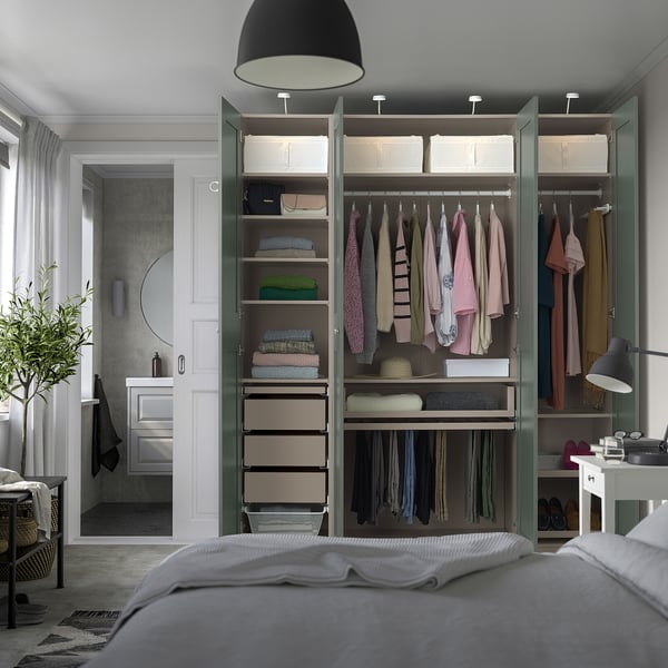 PAX / GRIMO wardrobe combination, grey-beige/grey-green, 200x60x236 cm