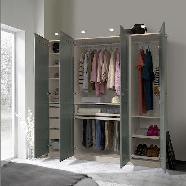 PAX / GRIMO wardrobe combination, grey-beige/grey-green, 200x60x201 cm