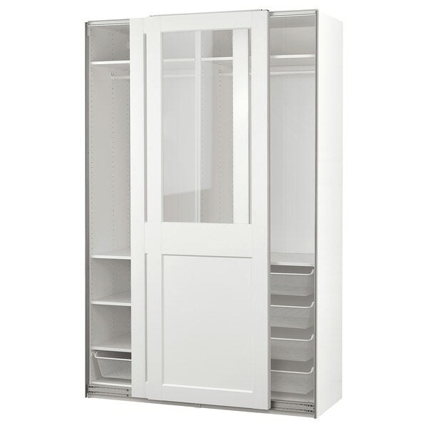 PAX / GRIMO - Wardrobe with sliding doors, white/transparent glass white,150x66x236 cm