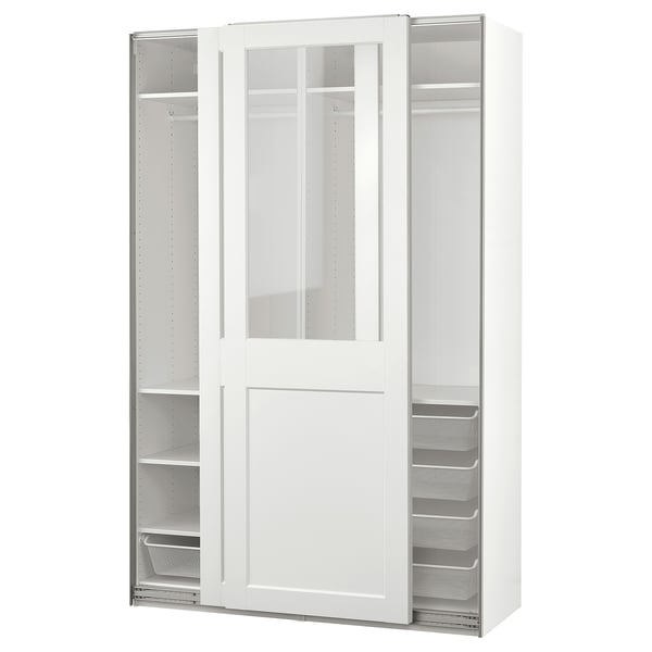 PAX / GRIMO wardrobe with sliding doors, white/clear glass white, 150x66x236 cm