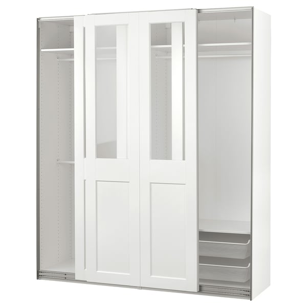 PAX / GRIMO wardrobe with sliding doors, white/clear glass white, 200x66x236 cm