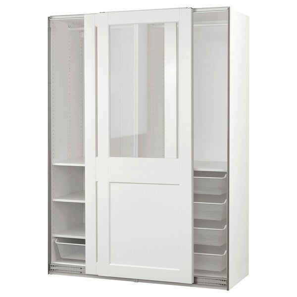 PAX / GRIMO - Wardrobe with sliding doors, white/transparent glass white,150x66x201 cm