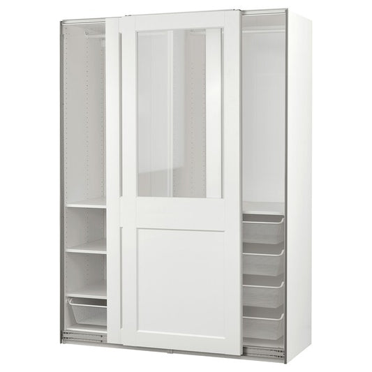 PAX / GRIMO - Wardrobe with sliding doors, white/transparent glass white,150x66x201 cm