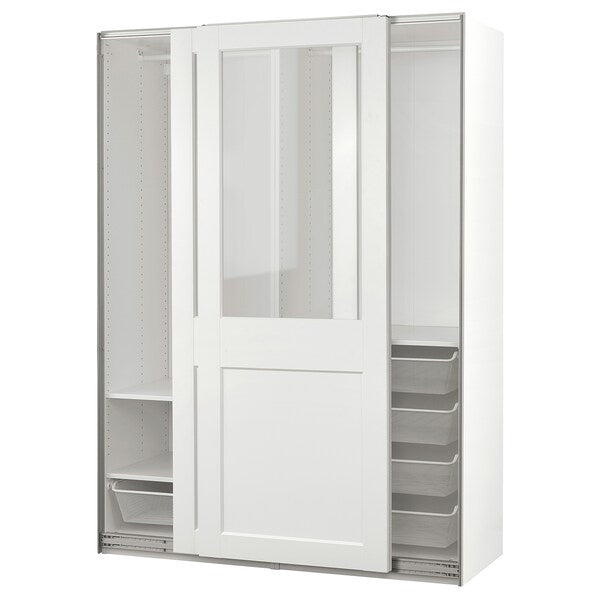 PAX / GRIMO - Wardrobe with sliding doors, white/transparent glass white,150x66x201 cm