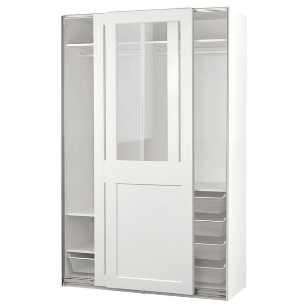 PAX / GRIMO - Wardrobe with sliding doors, white/transparent glass white,150x66x236 cm