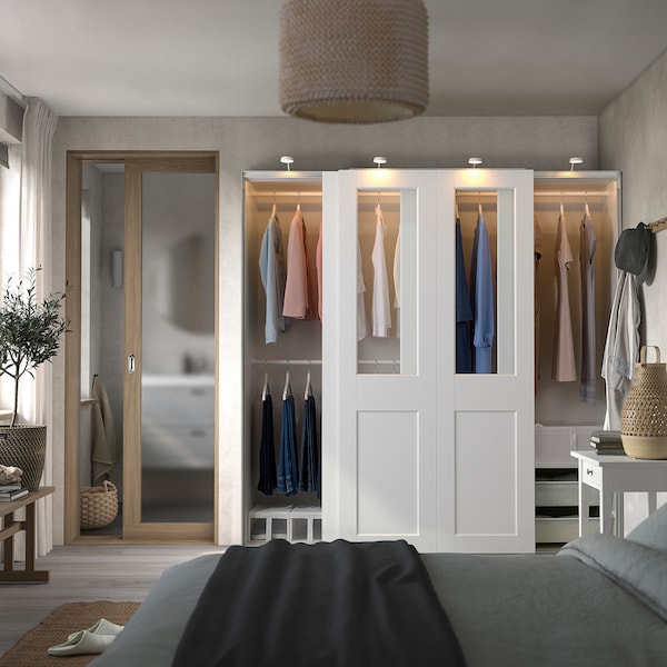 PAX / GRIMO - Wardrobe with sliding doors, white/transparent glass white,200x66x201 cm