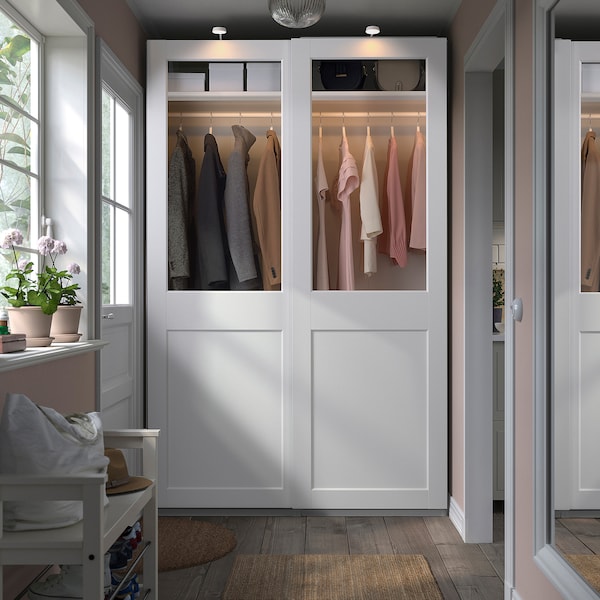 PAX / GRIMO - Wardrobe with sliding doors, white/transparent glass white,150x66x236 cm