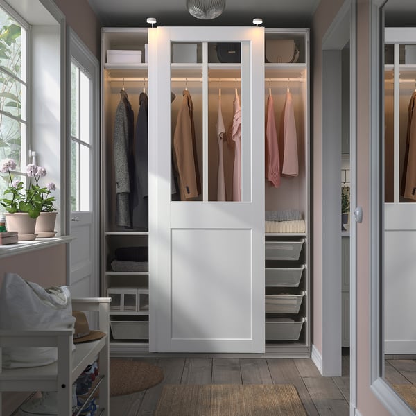 PAX / GRIMO wardrobe with sliding doors, white/clear glass white, 150x66x236 cm