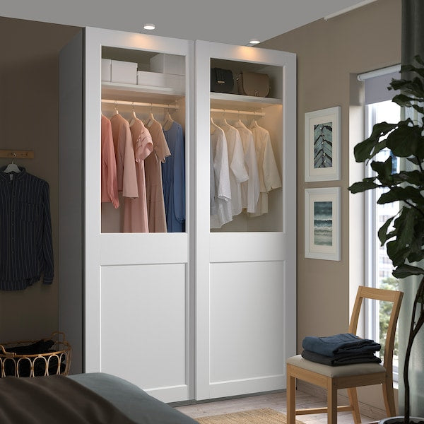 PAX / GRIMO - Wardrobe with sliding doors, white/transparent glass white,150x66x236 cm