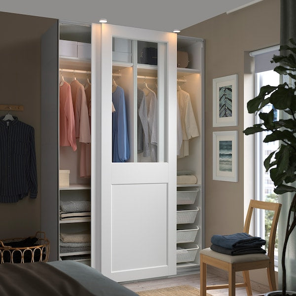 PAX / GRIMO - Wardrobe with sliding doors, white/transparent glass white,150x66x236 cm