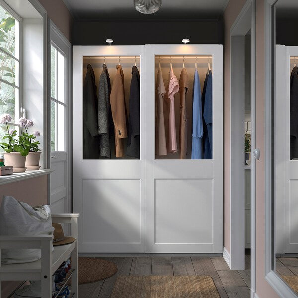 PAX / GRIMO - Wardrobe with sliding doors, white/transparent glass white,150x66x201 cm