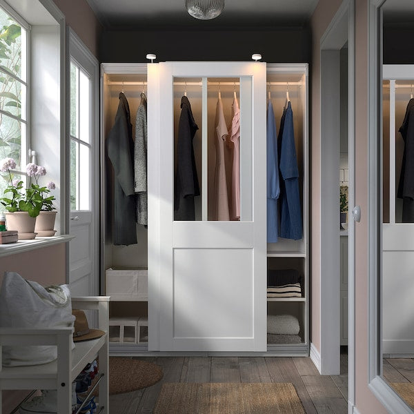 PAX / GRIMO - Wardrobe with sliding doors, white/transparent glass white,150x66x201 cm