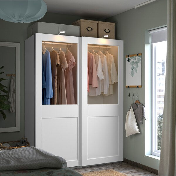 PAX / GRIMO - Wardrobe with sliding doors, white/transparent glass white,150x66x201 cm