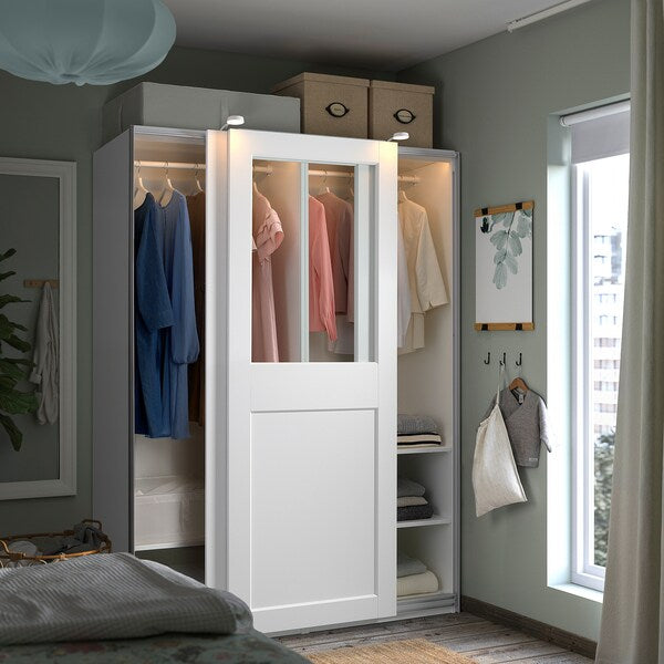 PAX / GRIMO - Wardrobe with sliding doors, white/transparent glass white,150x66x201 cm