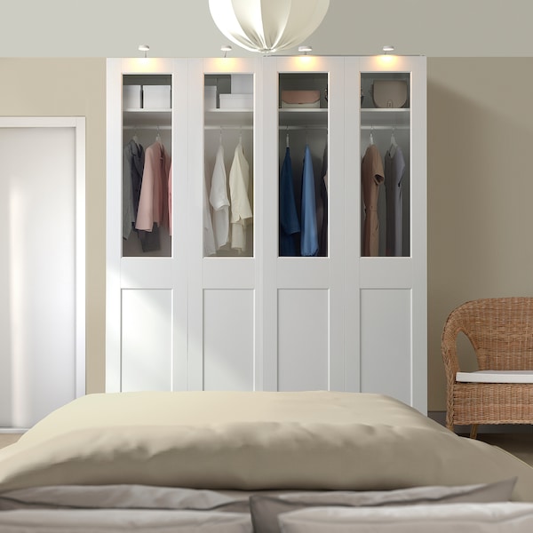 PAX / GRIMO - Wardrobe with sliding doors, white/transparent glass white,200x66x236 cm