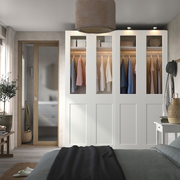 PAX / GRIMO - Wardrobe with sliding doors, white/transparent glass white,200x66x236 cm