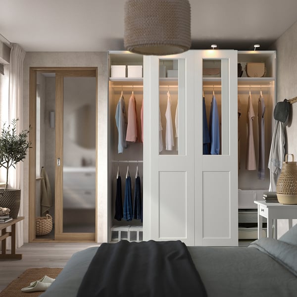 PAX / GRIMO wardrobe with sliding doors, white/clear glass white, 200x66x236 cm