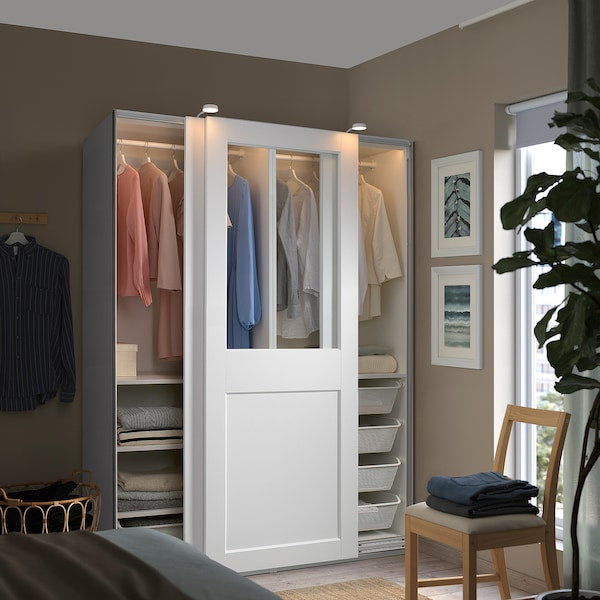 PAX / GRIMO - Wardrobe with sliding doors, white/transparent glass white,150x66x201 cm