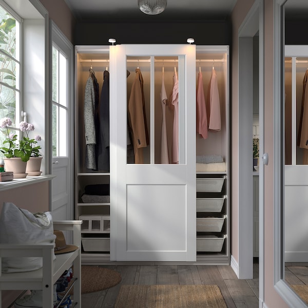 PAX / GRIMO - Wardrobe with sliding doors, white/transparent glass white,150x66x201 cm