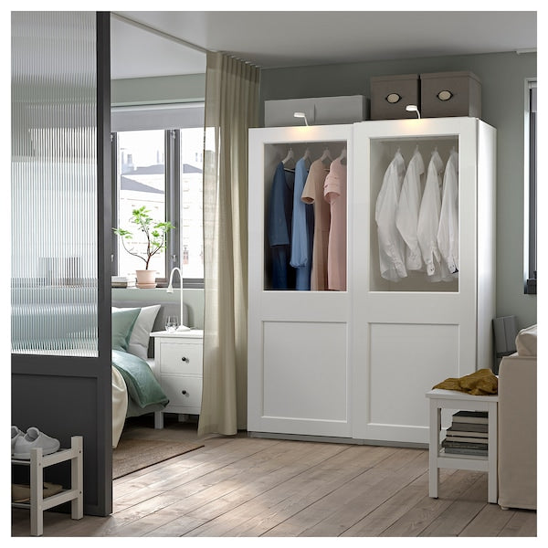 PAX / GRIMO - Wardrobe with sliding doors, white/transparent glass white,150x66x201 cm