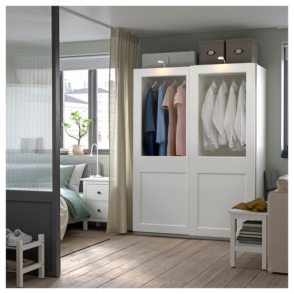 PAX / GRIMO - Wardrobe with sliding doors, white/transparent glass white,150x66x201 cm