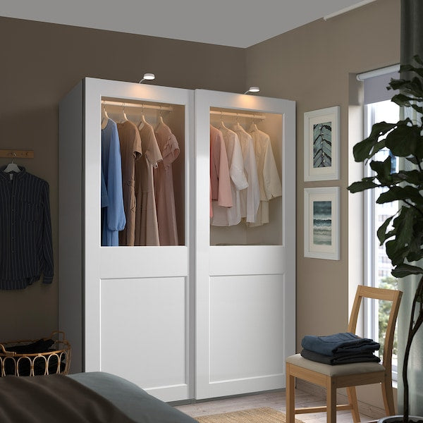 PAX / GRIMO - Wardrobe with sliding doors, white/transparent glass white,150x66x201 cm