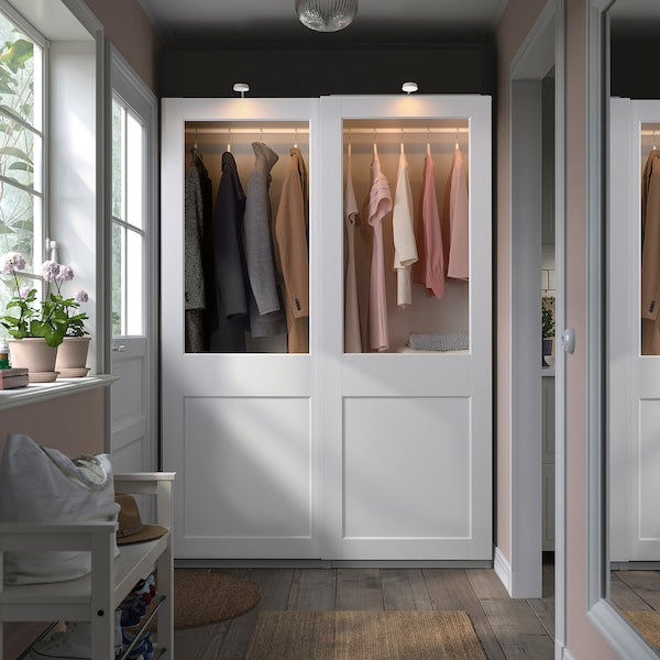 PAX / GRIMO - Wardrobe with sliding doors, white/transparent glass white,150x66x201 cm