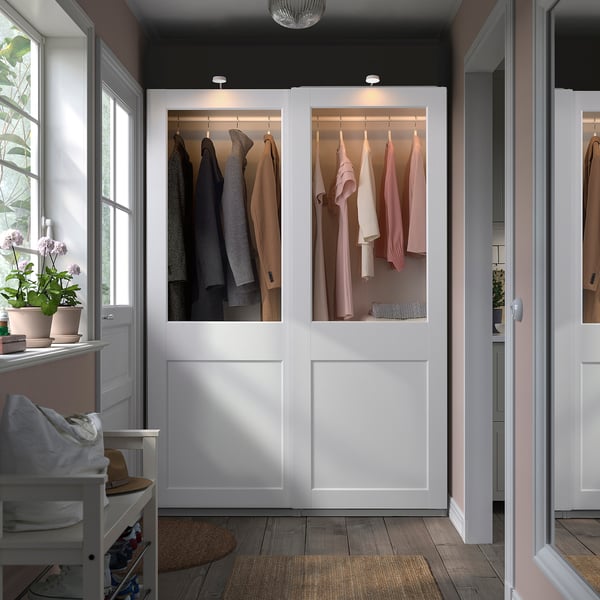 PAX / GRIMO - Wardrobe with sliding doors, white/transparent glass white,150x66x201 cm