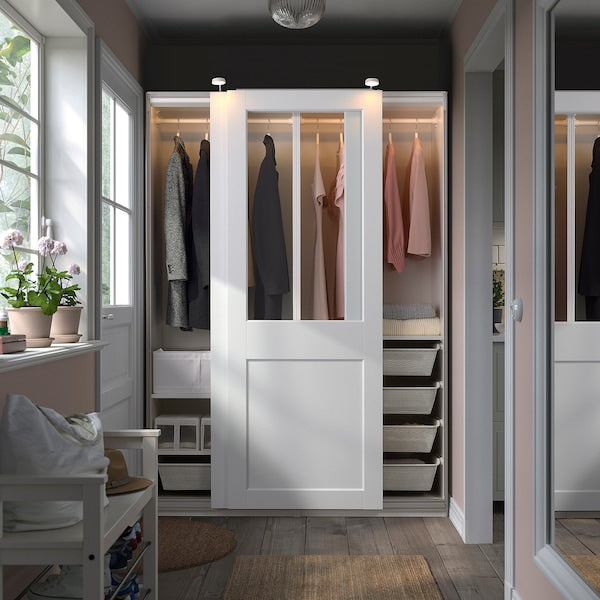 PAX / GRIMO - Wardrobe with sliding doors, white/transparent glass white,150x66x201 cm