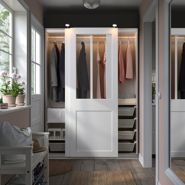 PAX / GRIMO - Wardrobe with sliding doors, white/transparent glass white,150x66x201 cm